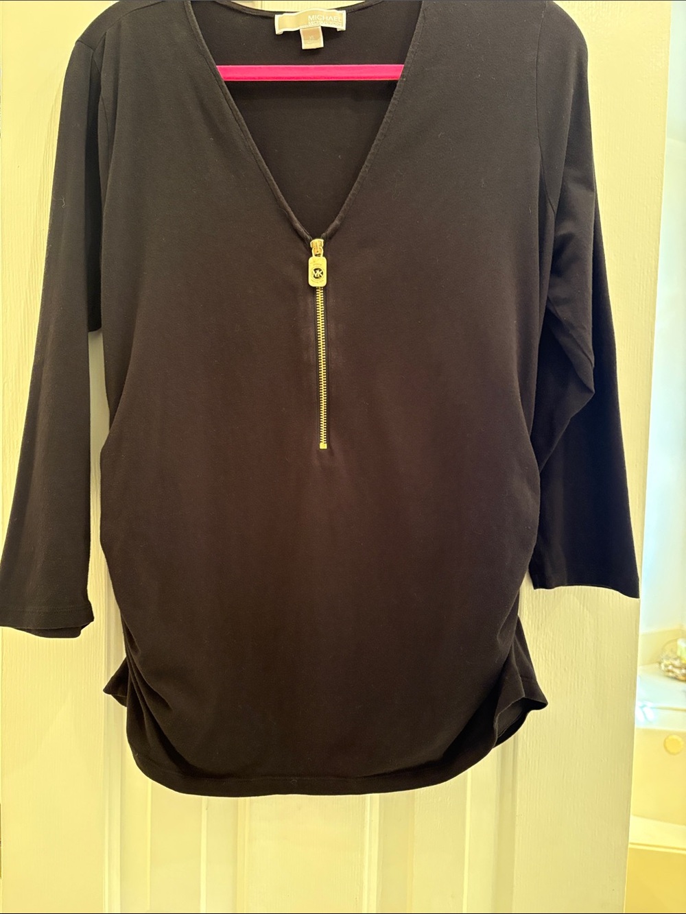 Michael Kors Black Long-Sleeve V-Neck Top with Gold Zip